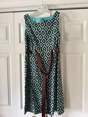 Jessica Howard Teal and Brown Sleeveless Geometric Midi Dress